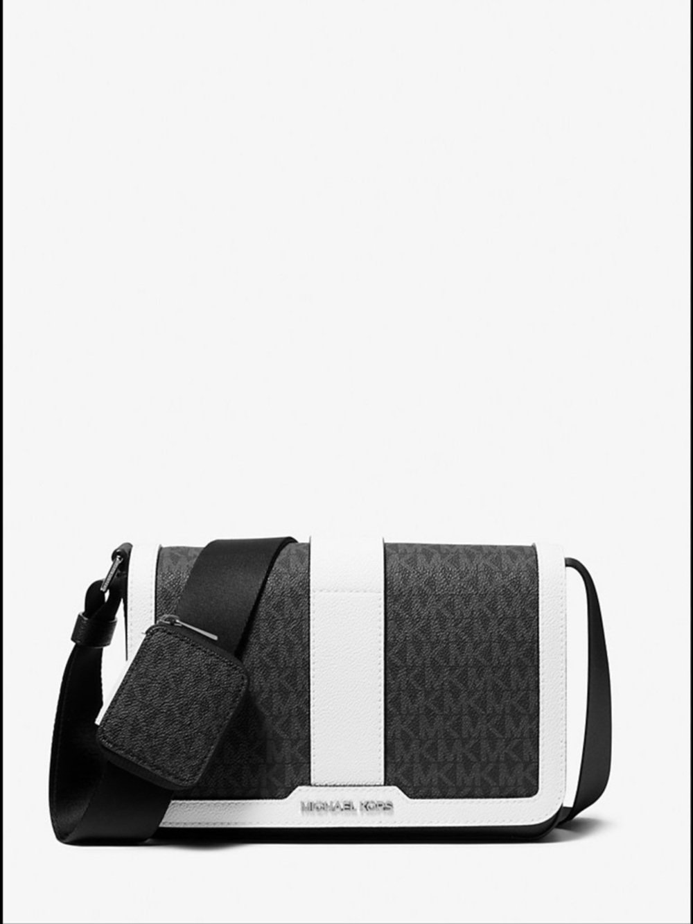 Michael Kors Cooper Color-Block Black and White Signature Stripe Messenger Bag